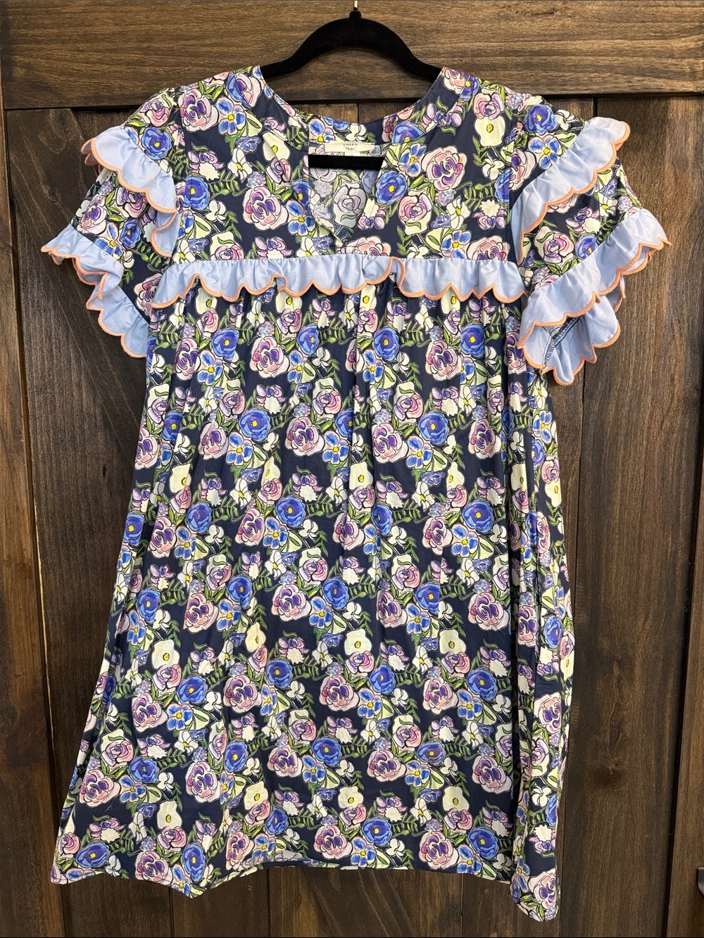 Women’s Floral Ruffle Dress in Navy with Blue and Pink Purple Flowers